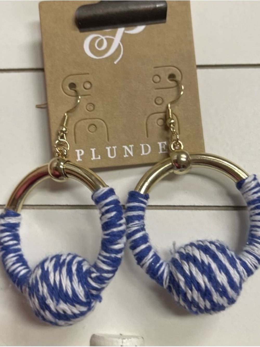 Plunder Gold Hoop Earrings with Blue and White Wrapped Thread